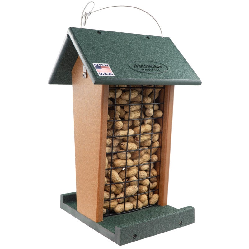 DutchCrafters Plastic Poly Hanging Whole Peanut Bird Feeder for Large Birds, Woodpeckers, Blue Jays for Outdoor, Garden, Yard - USA Amish Made (Turf Green & Cedar) - Image 1