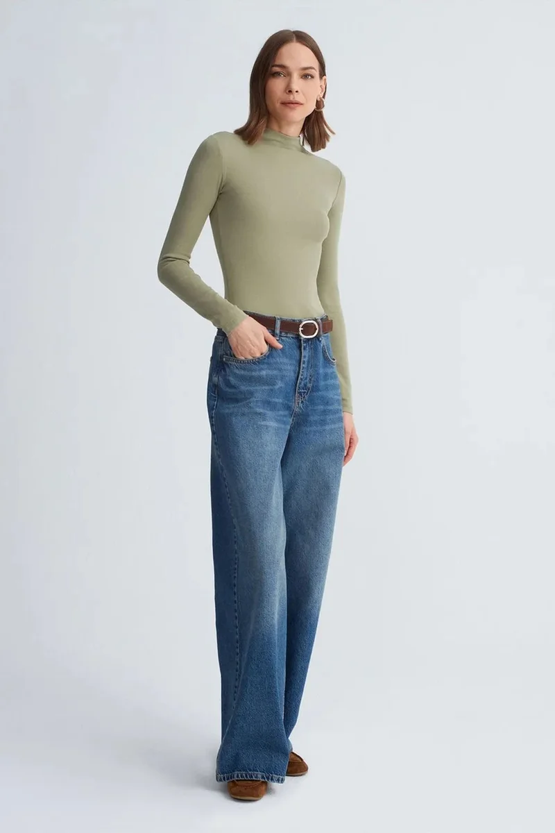 Dilvin Sage Green DILVIN Slim Fit Long Sleeve Half Turtleneck Top for Women | Best Price UAE