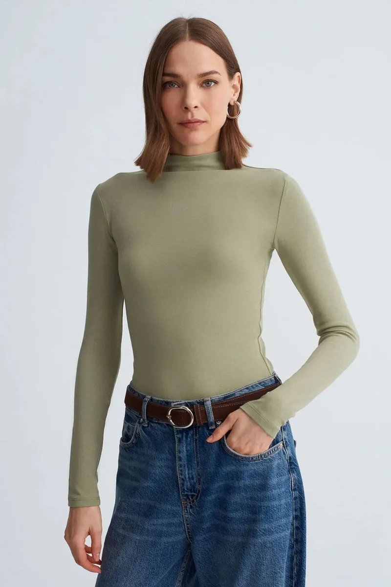 Dilvin Sage Green DILVIN Slim Fit Long Sleeve Half Turtleneck Top for Women | Best Price UAE