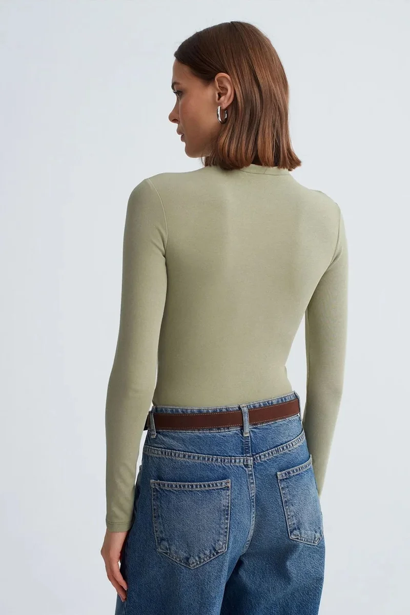 Dilvin Sage Green DILVIN Slim Fit Long Sleeve Half Turtleneck Top for Women | Best Price UAE