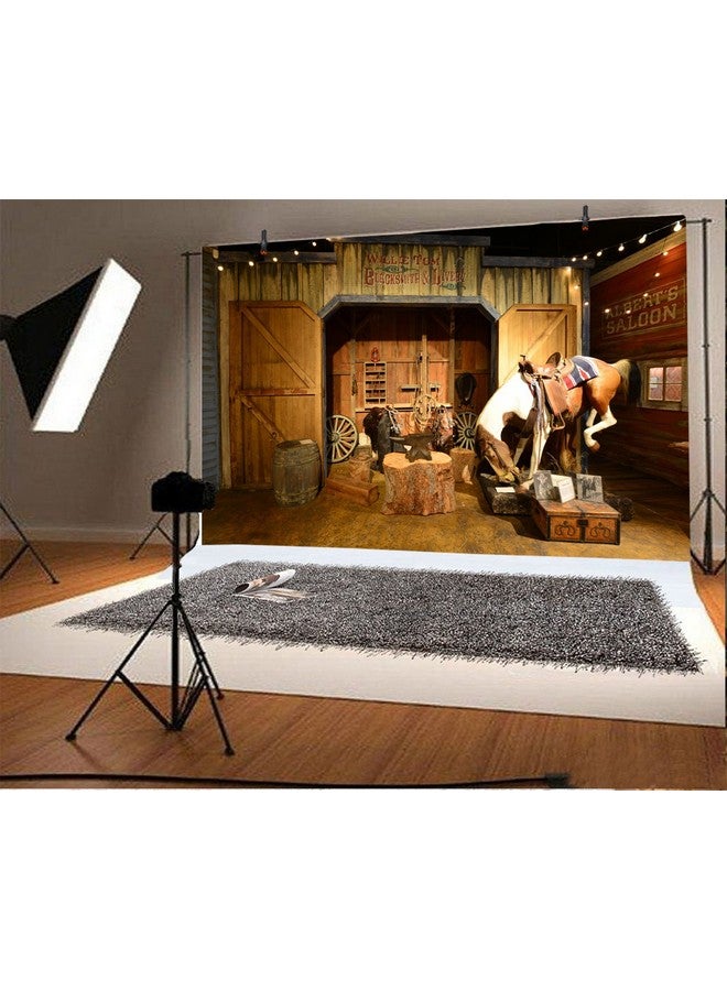 LFEEY 10X8Ft Old Wild West Stable Backdrop Texas Western Cowboy Horse In Barn Anvil Tree Trunk Lantern Saddle Mews Photography Background Travel Party Events Photo Studio Props  - Image 3