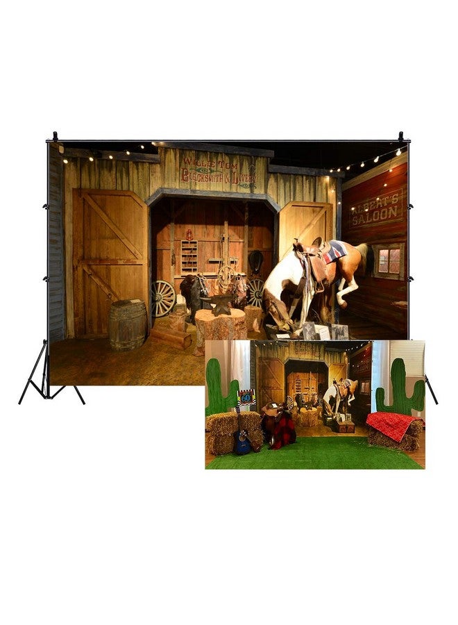 LFEEY 10X8Ft Old Wild West Stable Backdrop Texas Western Cowboy Horse In Barn Anvil Tree Trunk Lantern Saddle Mews Photography Background Travel Party Events Photo Studio Props  - Image 1