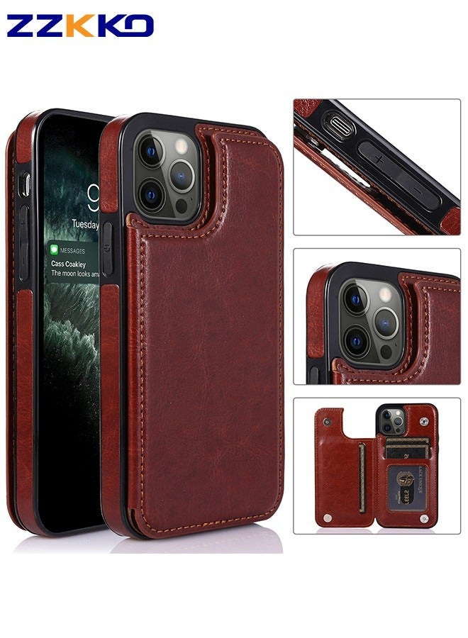 ZZKKO حافظة هاتف بنية داكنة مع فتحات بطاقات متعددة لهاتف Iphone13 Pro، حافظة حماية جلدية PU عتيقة مع حامل بطاقات قلاب، حافظة هاتف عمل للجنسين مع مشبك مغناطيسي - Image 1