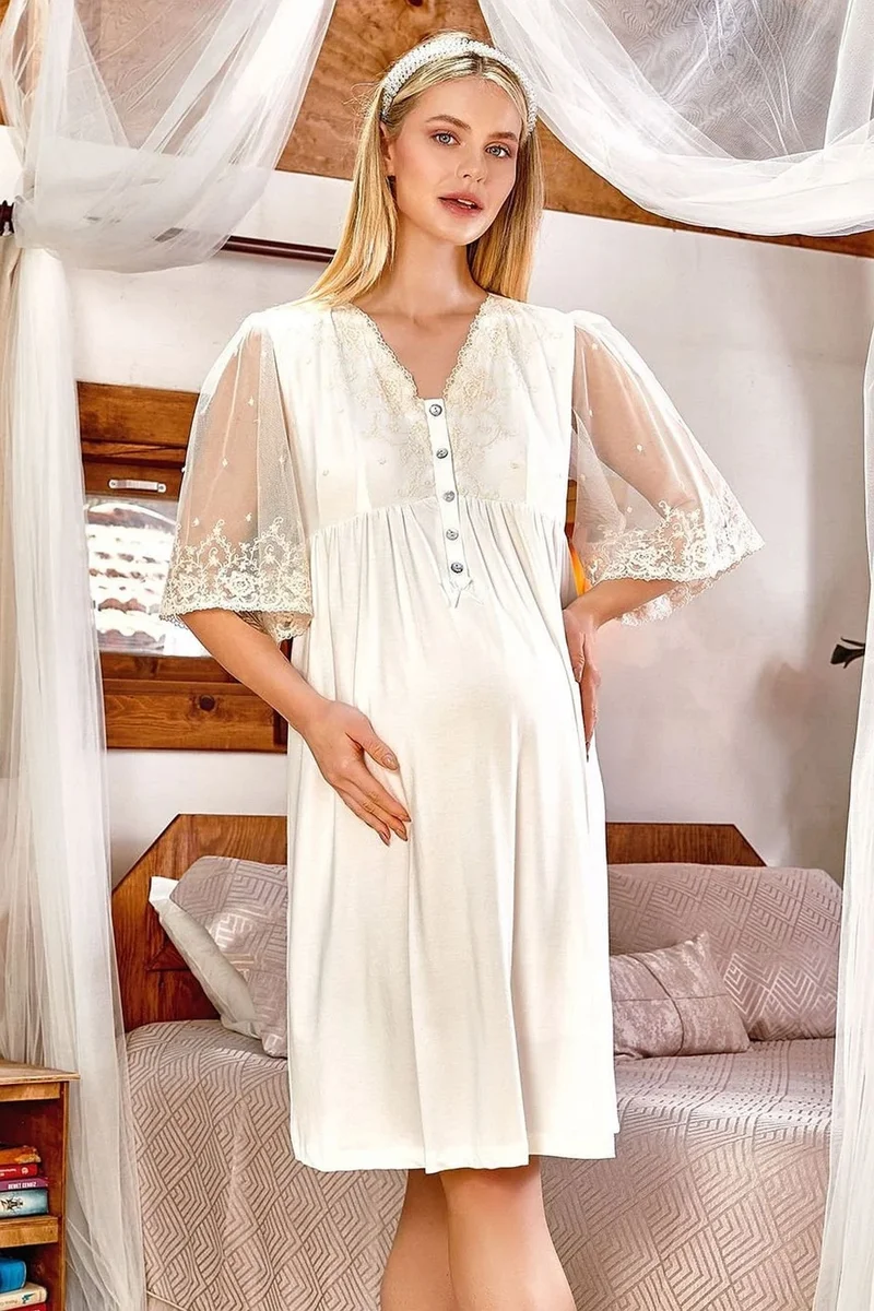 Cossy By Aqua 24148 Women's Pregnant Postpartum Short Sleeve Lace Detailed Nightgown - Cream