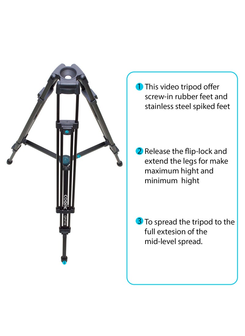 Coopic CP-VT10 Professional Heavy Duty Aluminum Alloy Video Tripod 360° Degree Fluid Drag Head Max Height 1700mm Compatible with Sony Canon Nikon DSLR Shooting Load up to 10KG  - Image 4