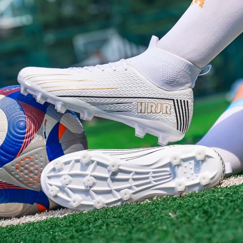 HRJR Mens Soccer Cleats Football Cleats for UnisexAdult HighTop Spikes Shoes for Youth Lightweight Professional Training Turf Outdoor Athletic Sneaker Big Boys White 7 - Image 3
