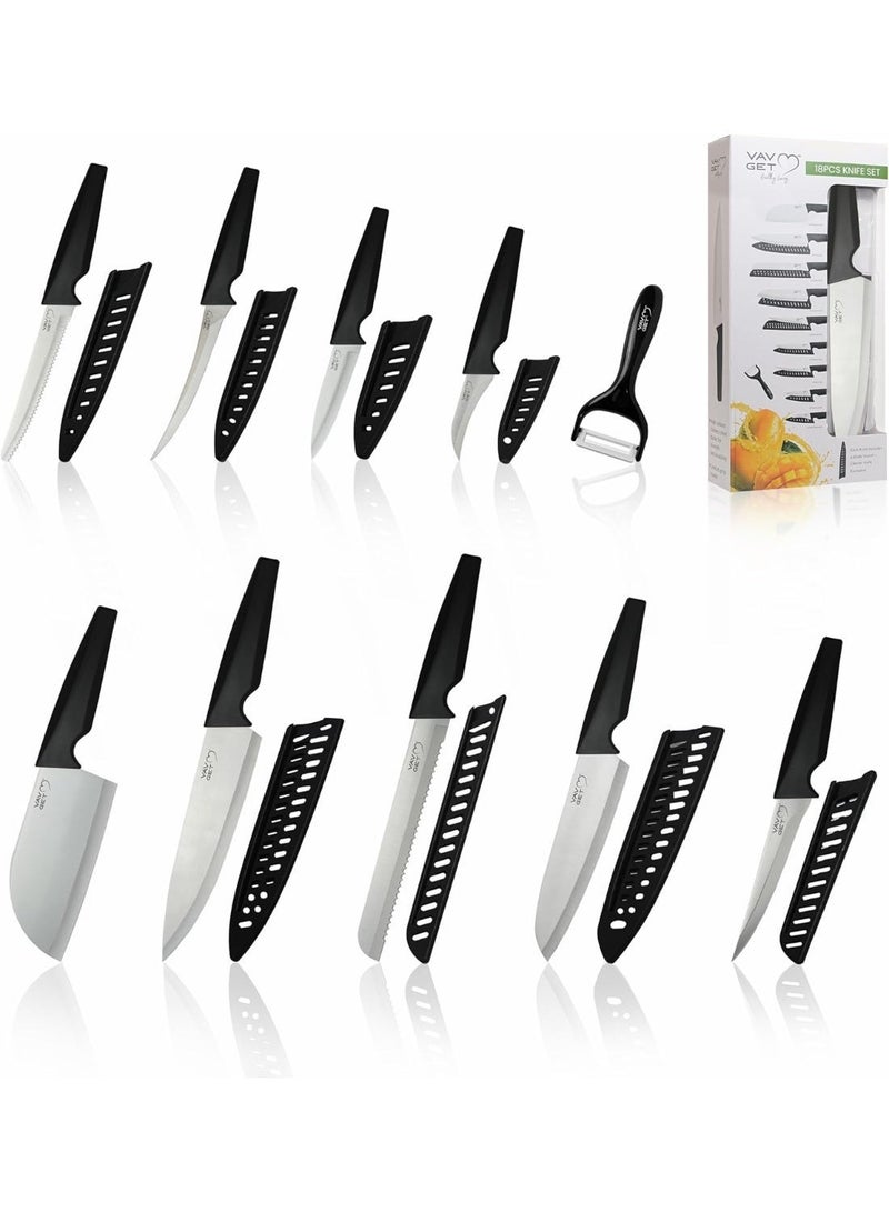 VAV GET 18-Piece Stainless Steel Knife Set with Protective Covers & Peeler - Black - Image 3