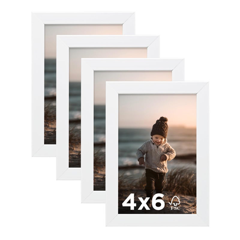 KINLINK 4x6 Picture Frame White Set of 4 Wooden Photo Frames with Plexiglass for 4x6 without Mat for Table and Wall Display