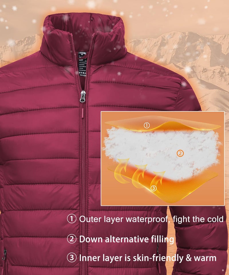 SPOSULEI Mens Puffer Down Jacket Quilted Winter Insulated Packable Jackets Coats Lightweight Water Repellent Outdoor Warm Ski Snow Jacket Outerwear Claret 3XL - Image 4
