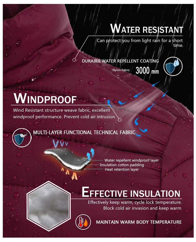 SPOSULEI Mens Puffer Down Jacket Quilted Winter Insulated Packable Jackets Coats Lightweight Water Repellent Outdoor Warm Ski Snow Jacket Outerwear Claret 3XL - Image 3