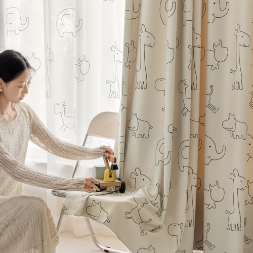 AiFMQQ Cartoon Animals Pattern Blackout Curtains for Kids Bedroom Living Room Grommet Top Beige Kids Bedroom Curtain for Boys Girls Bay Window Nursery Room Window Treatments 1 Panel W52 L84 inchBeige - Image 1