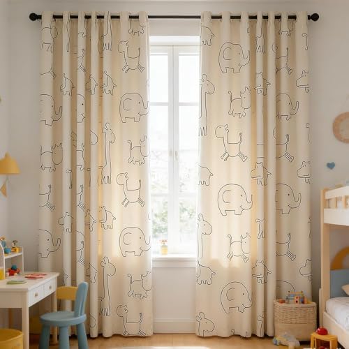 AiFMQQ Cartoon Animals Pattern Blackout Curtains for Kids Bedroom Living Room Grommet Top Beige Kids Bedroom Curtain for Boys Girls Bay Window Nursery Room Window Treatments 1 Panel W52 L84 inchBeige - Image 3
