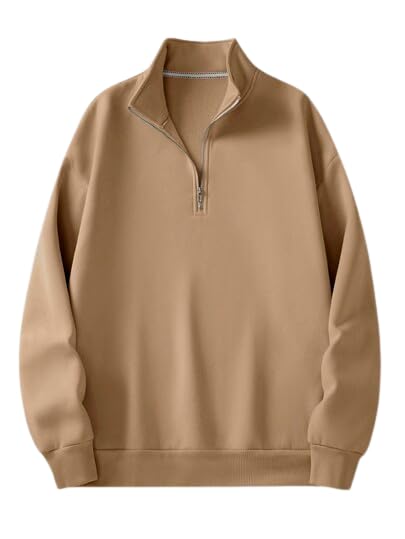 Trillion Polyester Blend Half Zipper Solid Modern Fit Sweatshirt For Men Khaki - Image 1