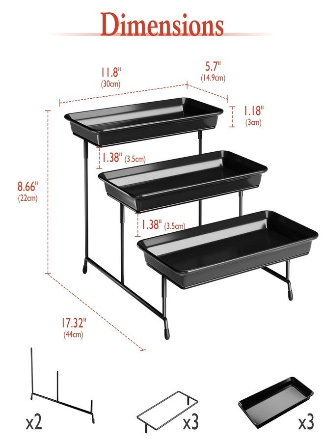 Bumusty 3-Tier Melamine Serving Tray Set, 11.5" x 5.6" Platters for Serving Food, Black Reusable Trays with Black Metal Display Stand for Cupcakes, Sevring Food, Dessert, Fruit, Cookie, Black - Image 2