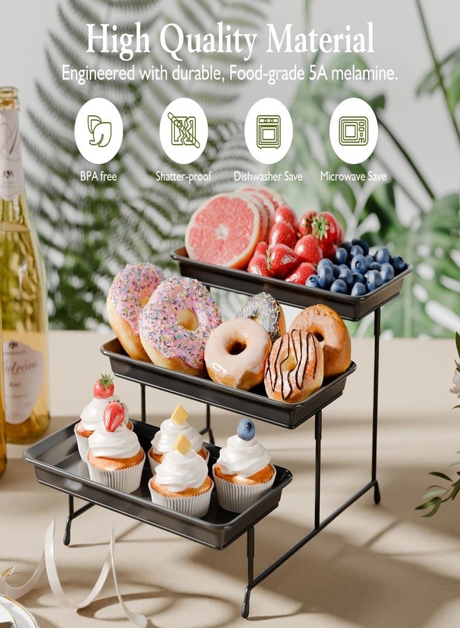 Bumusty 3-Tier Melamine Serving Tray Set, 11.5" x 5.6" Platters for Serving Food, Black Reusable Trays with Black Metal Display Stand for Cupcakes, Sevring Food, Dessert, Fruit, Cookie, Black - Image 3