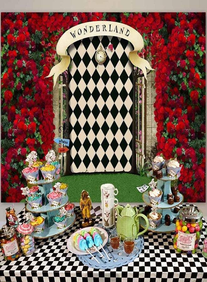 Sensfun Wonderland Backdrop for Photography,Wonderland Tea Party Backdrops Fairy Tale Rose Flower Garden Gate Background for Girls Birthday Baby Shower Decorations Banner Newborn Photo Props 7x5ft - Image 2