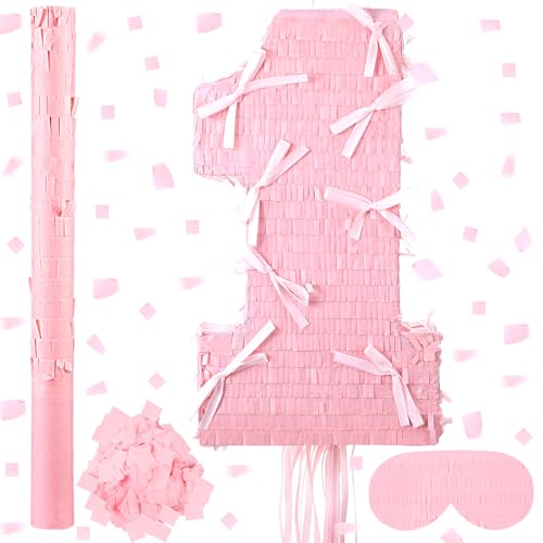 Feifeiya 1st Coquette Pink Bow Piata Number 1 Pink Girls Party Piata Bundle with a Blindfold Bat and Confetti Birthday Coquette Party Supplies - Image 1