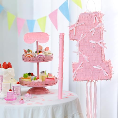 Feifeiya 1st Coquette Pink Bow Piata Number 1 Pink Girls Party Piata Bundle with a Blindfold Bat and Confetti Birthday Coquette Party Supplies - Image 5