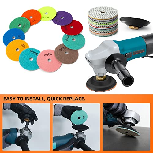 AxPower 13 Packs 4 Inch Diamond Polishing Pads with 5/8’’-11 Backer Pad 12PCS Wet/Dry Polish Pad Kit for Drill Grinder Polisher 50-8000 Grit Pads for Granite Marble Concrete Stone Countertop Quartz Polishing - Image 4