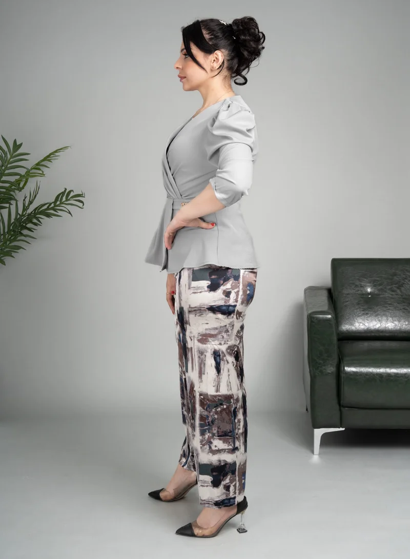 IKKXA Two Pieces Pant and Blouse Modern Set CJ1029 Grey