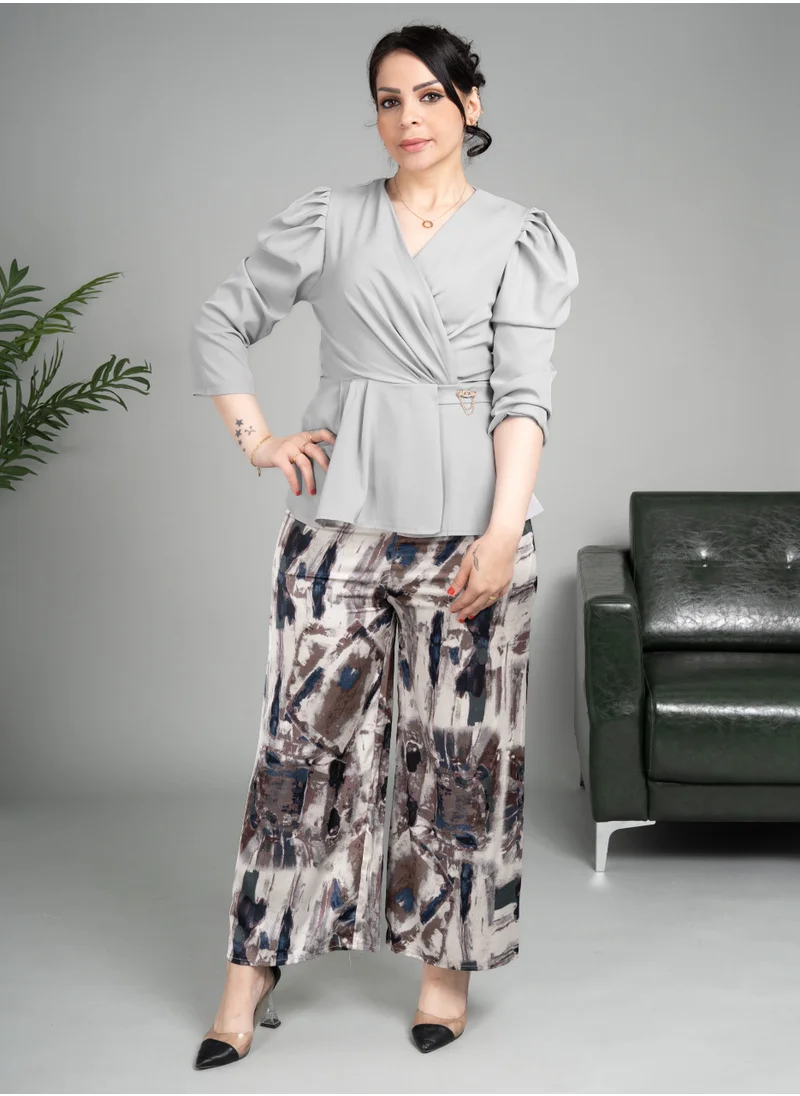 IKKXA Two Pieces Pant and Blouse Modern Set CJ1029 Grey