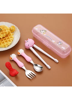 Children's 304 Stainless Steel Portable Tableware Cartoon Spoon Fork Learning And Training Chopsticks Dinosaur Baby Fork Spoon Set-Specifications:Tableware-Color:[Trumpet] Powder Handle Unicorn Fork Spoon + Chopsticks Three-piece Set