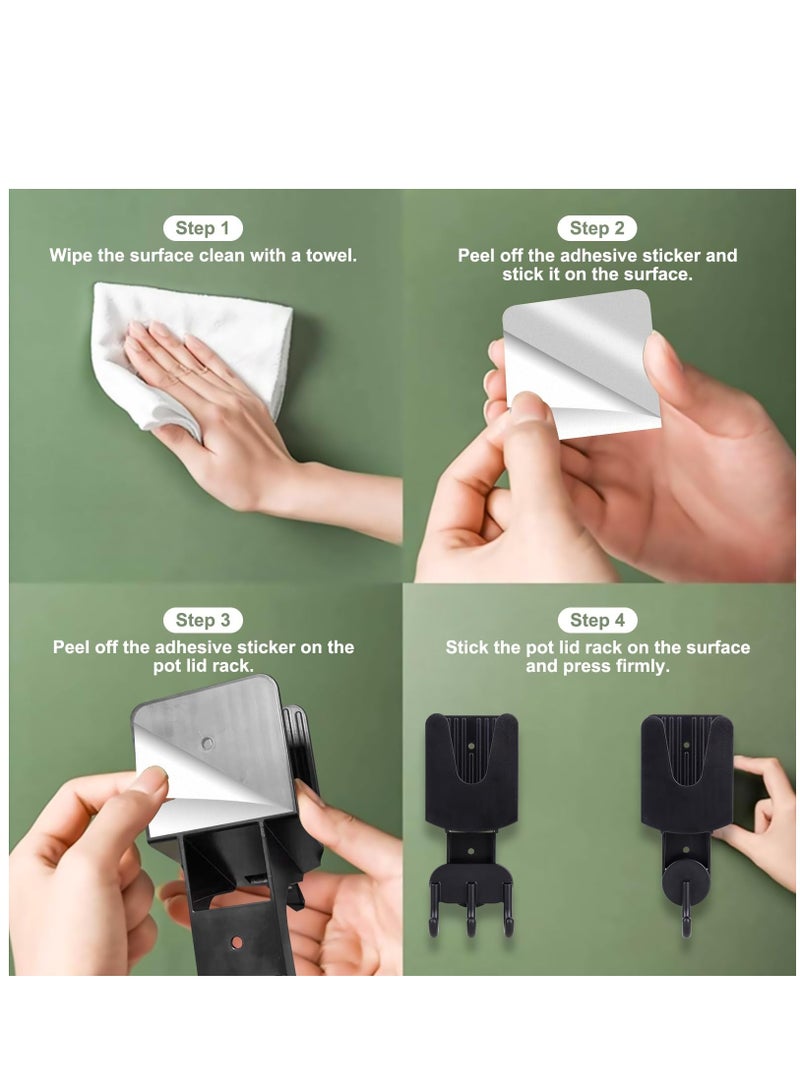 SOLARAE حامل غطاء وعاء مثبت على الحائط من البلاستيك، حامل غطاء وعاء، رف لتعليق أغطية المقالي، منظّم ذاتي اللصق مع شريط لاصق للمطبخ 2 قطعة، أسود - Image 5