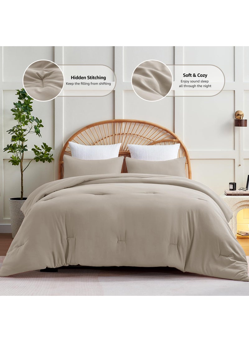 CozyLux CozyLux Oatmeal Comforter Set Full Size  3 Pieces Solid Breathable Quilted Style Bedding Sets  Luxury Fluffy Soft Microfiber Comforter for All Season (1 Comforter & 2 Pillowcases)  - Image 3