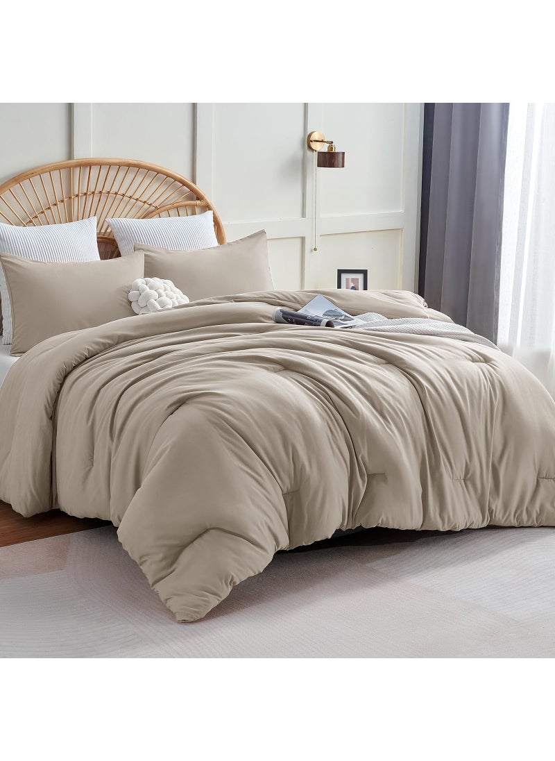 CozyLux CozyLux Oatmeal Comforter Set Full Size  3 Pieces Solid Breathable Quilted Style Bedding Sets  Luxury Fluffy Soft Microfiber Comforter for All Season (1 Comforter & 2 Pillowcases)  - Image 1