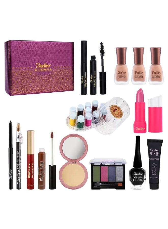 دازلير برايمر دازلر جراند جلام كيت (بريستين فينيش ميني) - ١٠ غ مستحضر مكياج سائل مرطب (كل زجاجة) - ٣٠ غ بودرة مضغوطة - ٩ غ، باليت ظلال العيون - ٨ غ ماسكارا (سيلكي سكاي ماسكارا) - ٤.١ غ آيلاينر مطفي - ٦ غ، كحل - ١.٢ غ، قلم حواجب - ١.٥ غ أحمر شفاه سائل (مايتي مات) - ٥ غ أحمر شفاه رصاصي - ٤ غ طلاء أظافر (زجاجات صغيرة) - ٦ مل لكل منها سندور سائل - ٦ مل - Image 1