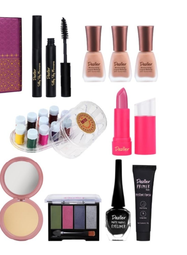 دازلير برايمر دازلر جراند جلام كيت (بريستين فينيش ميني) - ١٠ غ مستحضر مكياج سائل مرطب (كل زجاجة) - ٣٠ غ بودرة مضغوطة - ٩ غ، باليت ظلال العيون - ٨ غ ماسكارا (سيلكي سكاي ماسكارا) - ٤.١ غ آيلاينر مطفي - ٦ غ، كحل - ١.٢ غ، قلم حواجب - ١.٥ غ أحمر شفاه سائل (مايتي مات) - ٥ غ أحمر شفاه رصاصي - ٤ غ طلاء أظافر (زجاجات صغيرة) - ٦ مل لكل منها سندور سائل - ٦ مل - Image 3