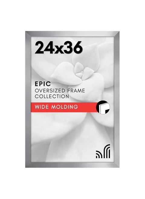 Americanflat 24x36 Poster Frame with Polished Plexiglass  Silver Picture Frame  Wide Photo Frames Made of Engineered Wood for Vertical or Horizontal Wall Display  Epic Collection  Silver