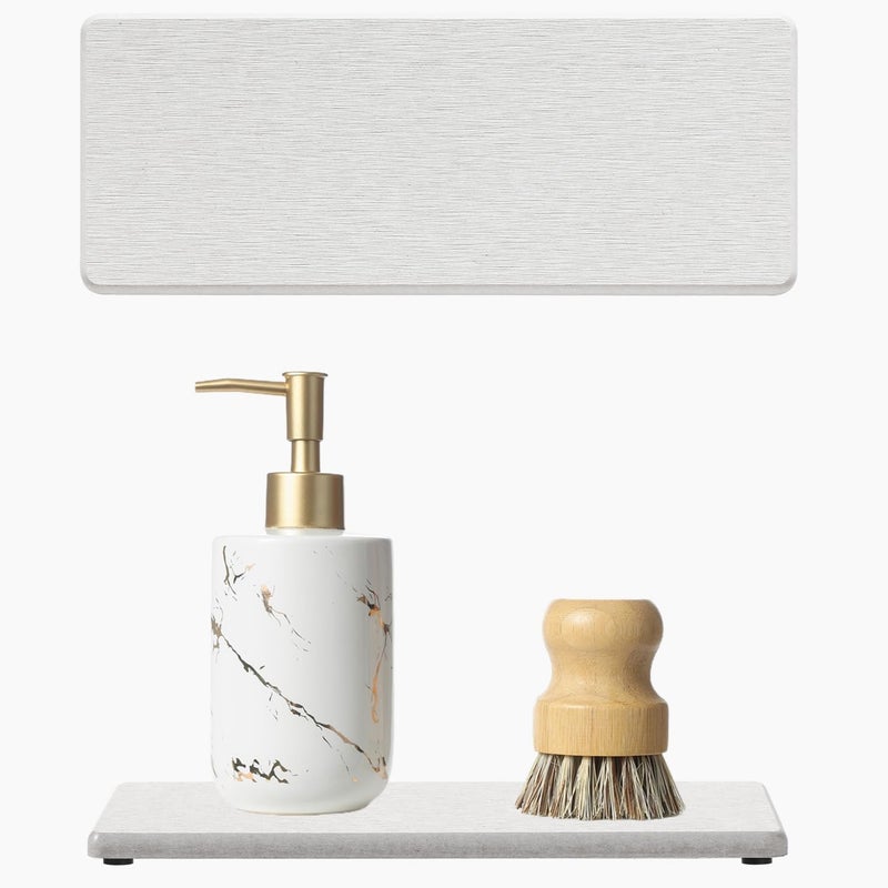 Razborci 2PCS Bathroom Sink Vanity Trays, Water Absorbing Diatomite Stone Drying Soap Dish Dispenser for Kitchen Counter, Sponge Holder Mat Rack Faucet Splash Guard Caddy Organizer, Beige, 9"x3.5" - Image 1
