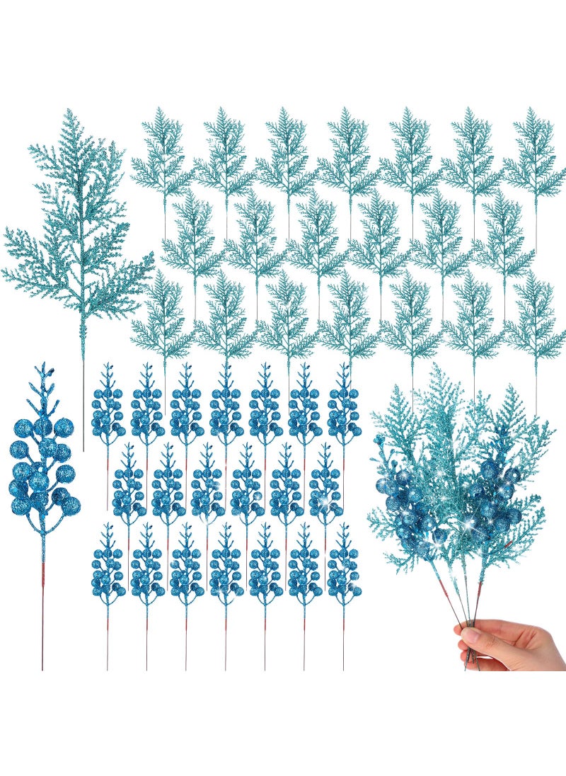 Cindeer Cindeer 80 Pcs Aquamarine Christmas Glitter Berries Stems Pine Needles Christmas Artificial Picks Fake Floral Twig Spray for Xmas Tree Ornaments DIY Wreath Garland Decorations  - Image 1
