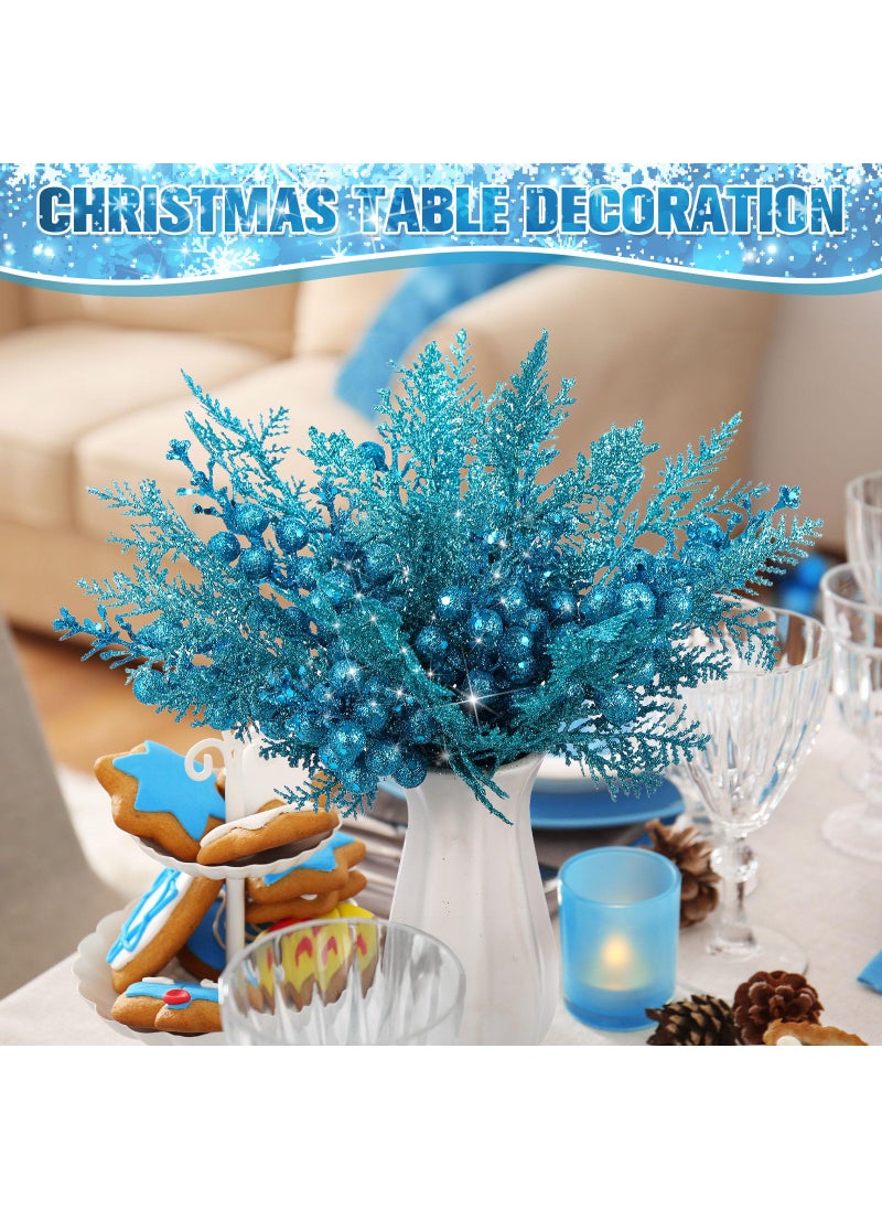 Cindeer Cindeer 80 Pcs Aquamarine Christmas Glitter Berries Stems Pine Needles Christmas Artificial Picks Fake Floral Twig Spray for Xmas Tree Ornaments DIY Wreath Garland Decorations  - Image 3