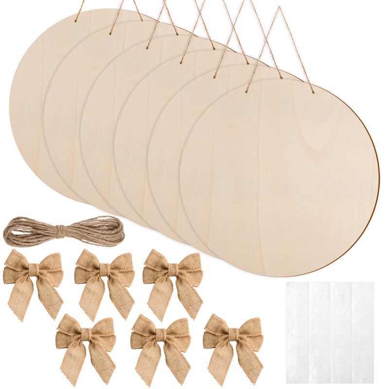 AWIZOM 6 Pcs 18 Inch Wood Circles for Crafts Unfinished Round Wood Discs Blank Wooden Rounds Slices Round Wooden Door Hanger Signs with Bows Twine and Glue Points for DIY Craft Holiday Decor5 mm Thick 