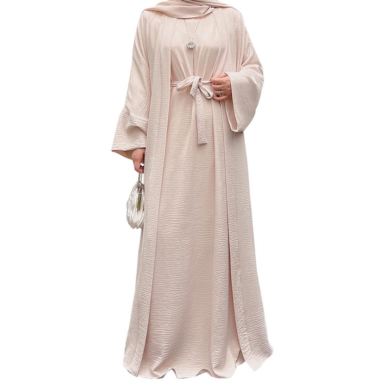 khalat 2PCS Women's Muslim Dresses Abaya Islamic Dubai Prayer Dress Robe Long Cardigan Maxi Dress Beige - Image 2