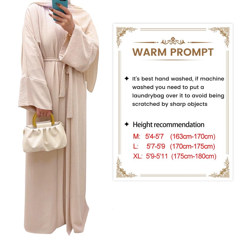 khalat 2PCS Women's Muslim Dresses Abaya Islamic Dubai Prayer Dress Robe Long Cardigan Maxi Dress Beige - Image 3