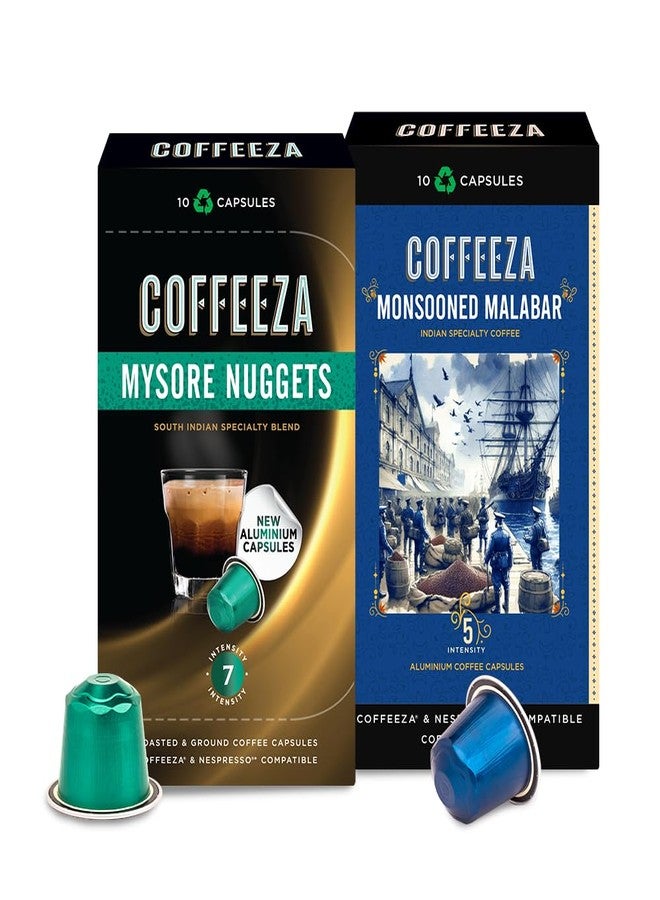 Coffeeza Mysore Nuggets & Monsooned Malabar Indian Single-Estate Specialty Coffee Variety Pack - 100% Arabica Coffee | Box of 2 (20 Coffee Pods) - Image 1