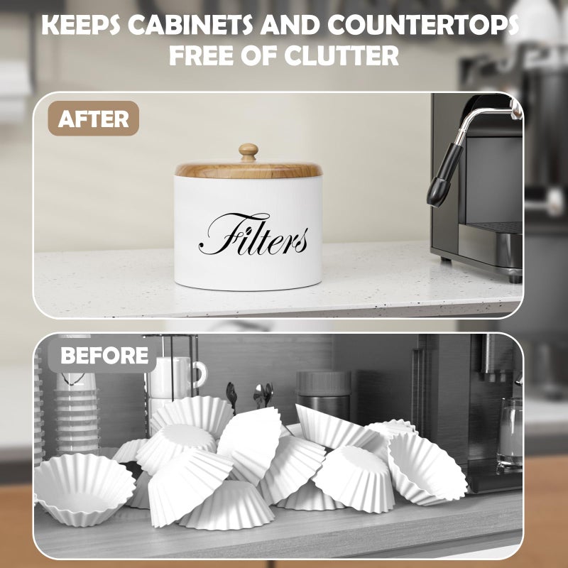 CORTNK Coffee Filter Holder, Wooden Coffee Filter Storage with Lid, Round CoffeeFilterContainer for Counter, Rustic Farmhouse Bar Accessories Decor (White) - Image 3