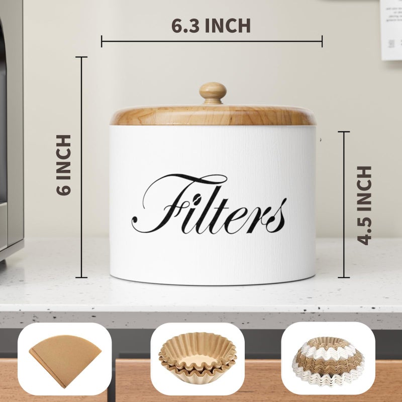 CORTNK Coffee Filter Holder, Wooden Coffee Filter Storage with Lid, Round CoffeeFilterContainer for Counter, Rustic Farmhouse Bar Accessories Decor (White) - Image 5