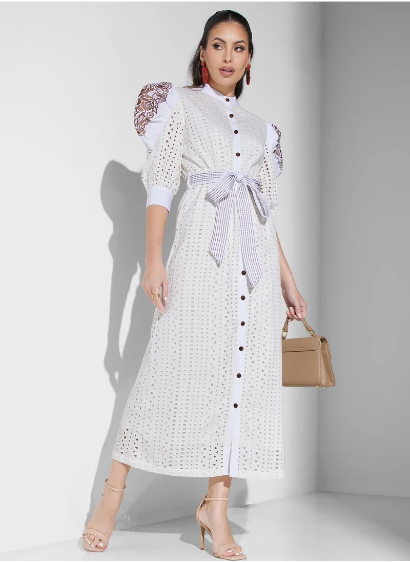 Threadz by Ajooni Button Detail Broidered Belted Dress