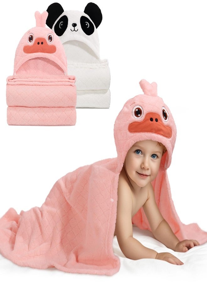 WODHOY Toddler Bath Towels Age 1-2, Soft Absorbent Animal Hooded Towel for Kids Girls, 2 Pack 50" x 32" Large Thick Baby Towels with Hood, White Panda & Pink Duck Set - Image 1