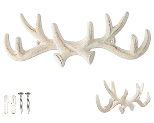 Comfify Vintage Cast Iron Deer Antlers Wall Mounted Hooks | Antique Finish Metal Clothes Hanger Rack w/Hooks | Includes Screws and Anchors | Antique White - Image 1