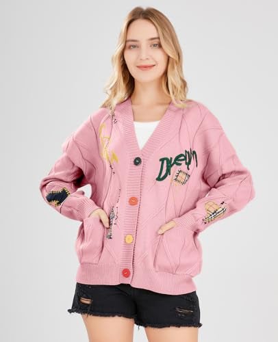 ebossy Women's Cable Knit Long Sleeve Open Front Cardigan Sheep V-Neck Button Down Embroidery Wool Blend Sweater Coat Outwear (M,Pink) - Image 2