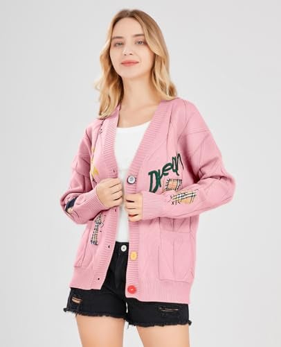 ebossy Women's Cable Knit Long Sleeve Open Front Cardigan Sheep V-Neck Button Down Embroidery Wool Blend Sweater Coat Outwear (M,Pink) - Image 4