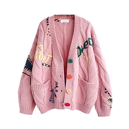 ebossy Women's Cable Knit Long Sleeve Open Front Cardigan Sheep V-Neck Button Down Embroidery Wool Blend Sweater Coat Outwear (M,Pink) - Image 1