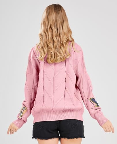 ebossy Women's Cable Knit Long Sleeve Open Front Cardigan Sheep V-Neck Button Down Embroidery Wool Blend Sweater Coat Outwear (M,Pink) - Image 3