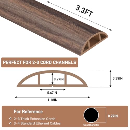 LSGCQ Floor Cord Cover Self Adhesive Cord Hider Floor Extension Cord Covers for Floor Power Cord Protector Cable Management Prevent Cable Trips Cable Cavity 0.47" W x 0.27" H (Smoked Brown Wood, 3.3Ft) - Image 2