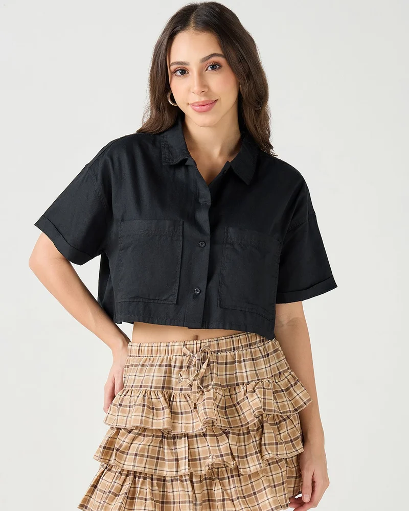 bewakoof Women's Black Oversized Cropped Shirt